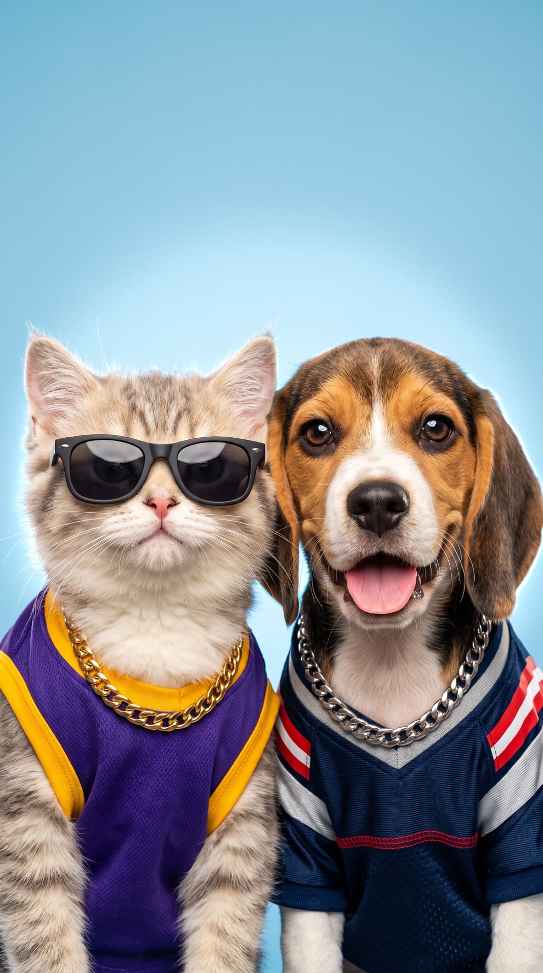 Um gatinho de óculos escuros e regata roxa ao lado de um filhote de beagle com camisa esportiva azul, ambos com correntes