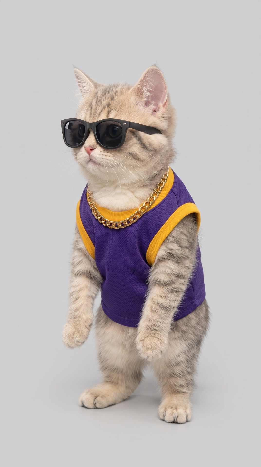 Gatinho de óculos escuros e regata roxa em pé